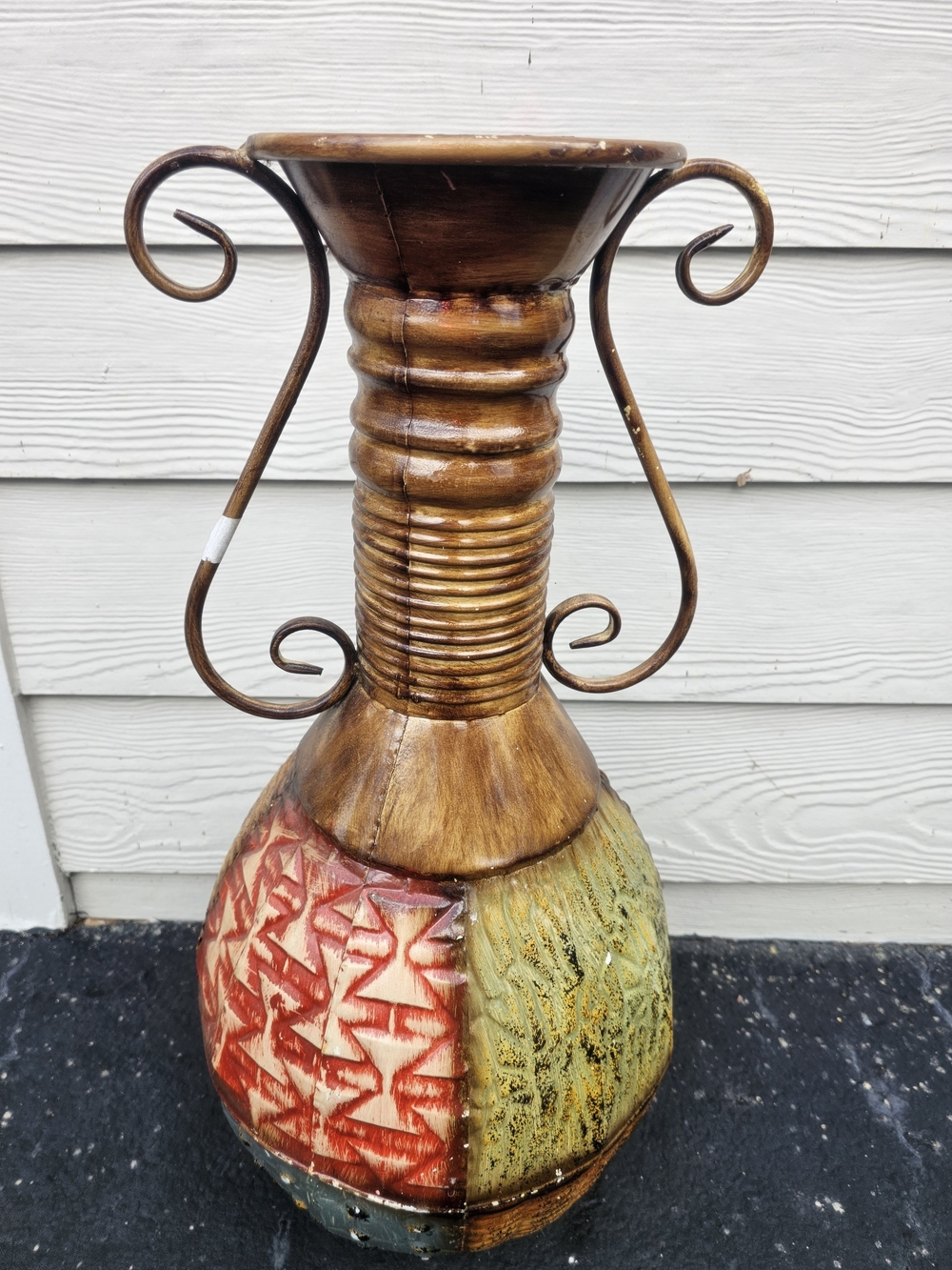 Tuscan Metal Floor Vase Rustic Patchwork Urn Amphora with Scroll Handles Used